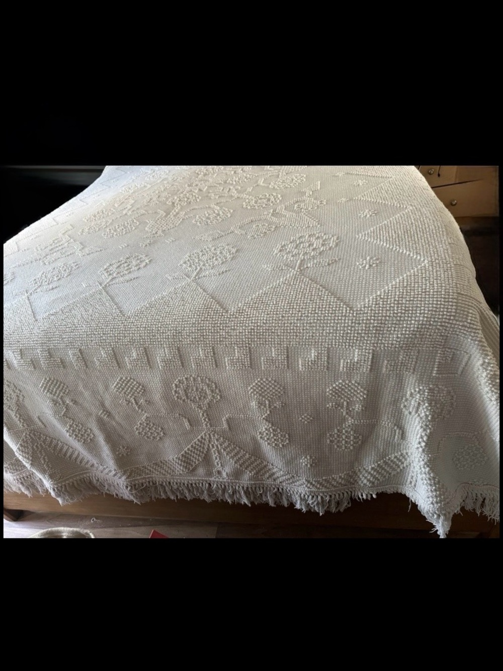 BATES Maine Heritage Weavers Ivory Dbl/Queen Bedspread 86x106+ Fringe #1-Vintage